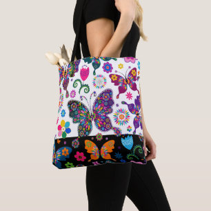 Colourful flowers and butterflies pattern tote bag