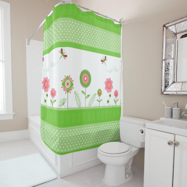 Colourful Flowers And Butterfly Shower Curtain (In Situ)