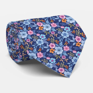 Colourful Flowers And Leaf On Dark Blue Background Tie