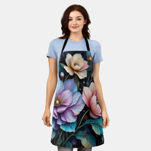 Colourful flowers and leaves black background apron