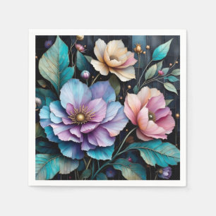 Colourful flowers and leaves black background napkin