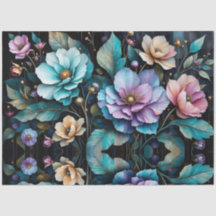 Colourful flowers and leaves black background