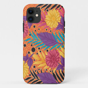 colourful flowers and leaves on a black background iPhone 11 case