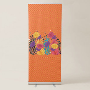 colourful flowers and leaves on a black background retractable banner