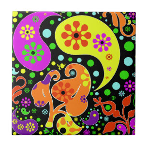 Colourful  Flowers And Paisley Pattern Retro Tile