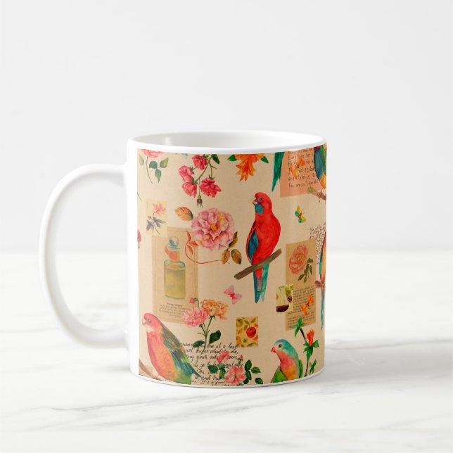 Colourful flowers and parrots pattern coffee mug (Left)