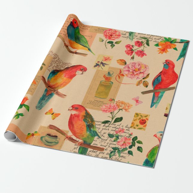 Colourful flowers and parrots pattern wrapping paper (Unrolled)