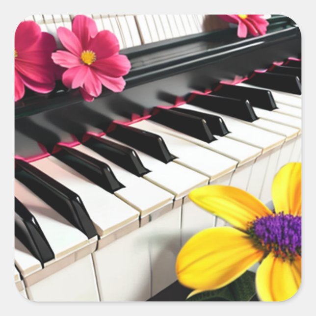 Colourful Flowers and Piano Keys Square Sticker (Front)