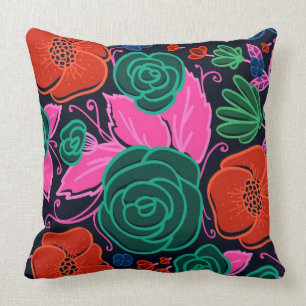 Colourful Flowers and Roses- Pink Green And Black Cushion