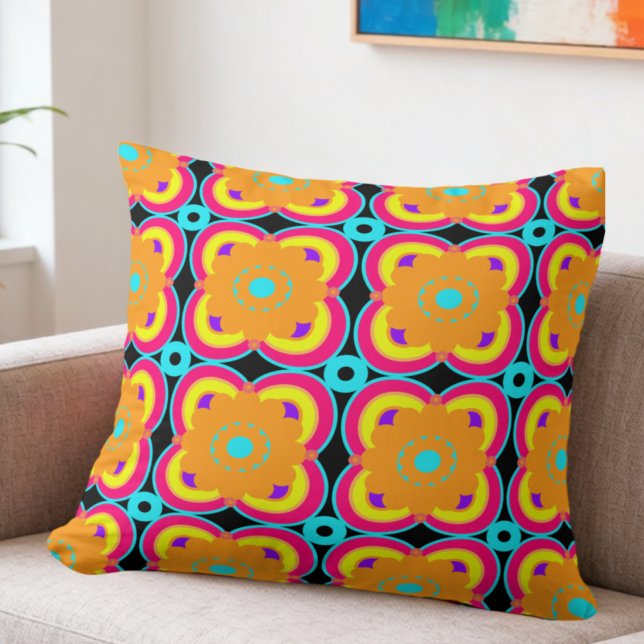 Colourful Flowers And Shapes Cushion (Go big or go home. This retro flower pillow is all about bold color.)