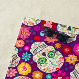 Colourful Flowers and Sugar Skulls Beach Towel