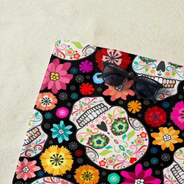 Colourful Flowers and Sugar Skulls Beach Towel (In Situ)