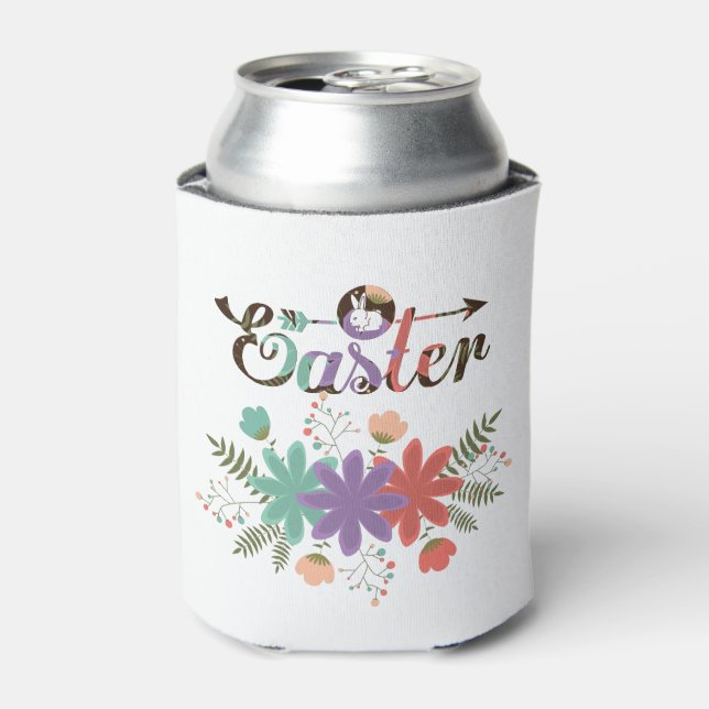 Colourful Flowers And Text Easter With Bunny Can Cooler (Can Front)