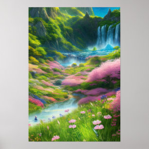 Colourful Flowers and Waterfall in a Green Valley Poster