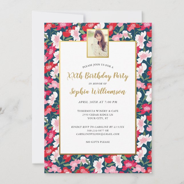Colourful Flowers, Any Age Add Photo Birthday Part Invitation (Front)