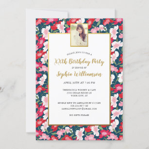 Colourful Flowers, Any Age Add Photo Birthday Part Invitation