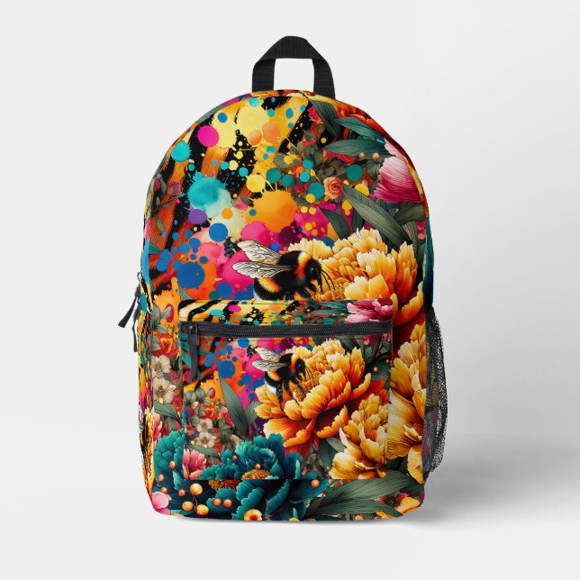 Colourful Flowers, Bee and Animal Print Printed Backpack (Front)