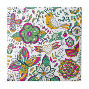Colourful flowers birds and butterflies pattern tile