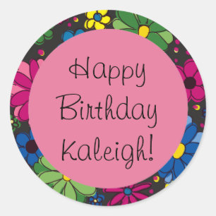 Colourful Flowers Black and Pink Birthday Sticker