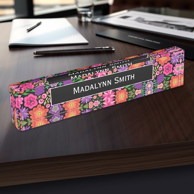 Colourful Flowers Black Background and Name Nameplate (Personalized Name Plate - Executive and Professional Designs)