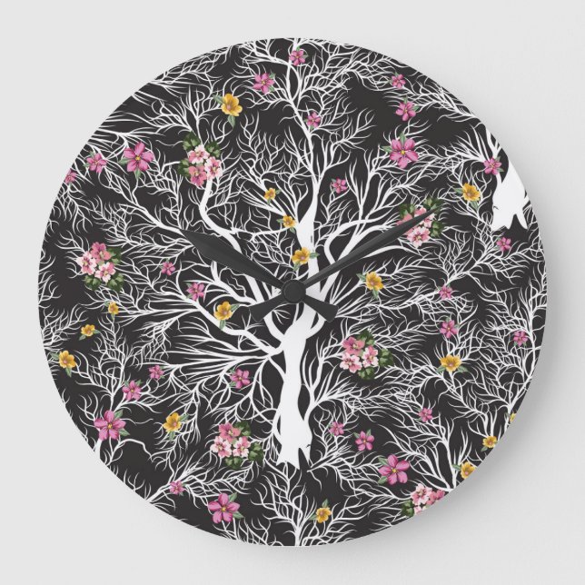Colourful Flowers: Black Tree Seamless Large Clock (Front)