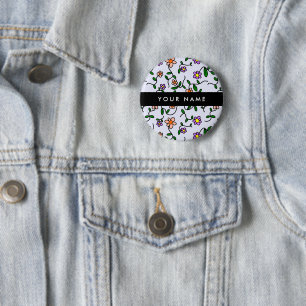 Colourful Flowers, Blue Background, Black 6 Cm Round Badge