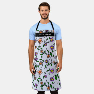 Colourful Flowers, Blue Background, Black Apron