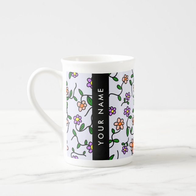 Colourful Flowers, Blue Background, Black Bone China Mug (Left)