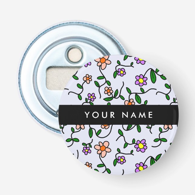 Colourful Flowers, Blue Background, Black Bottle Opener (Front)