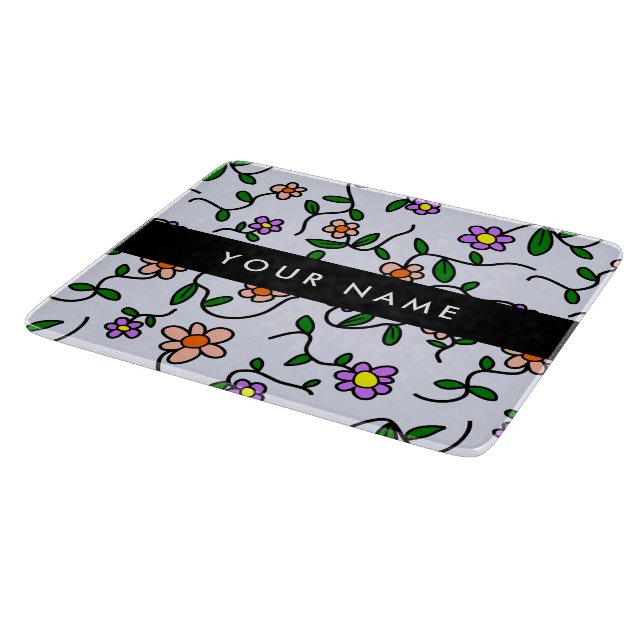 Colourful Flowers, Blue Background, Black Cutting Board (Corner)