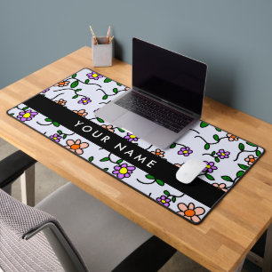 Colourful Flowers, Blue Background, Black Desk Mat