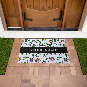 Colourful Flowers, Blue Background, Black Doormat