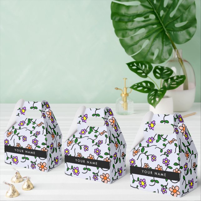 Colourful Flowers, Blue Background, Black Favour Box (Multiple)
