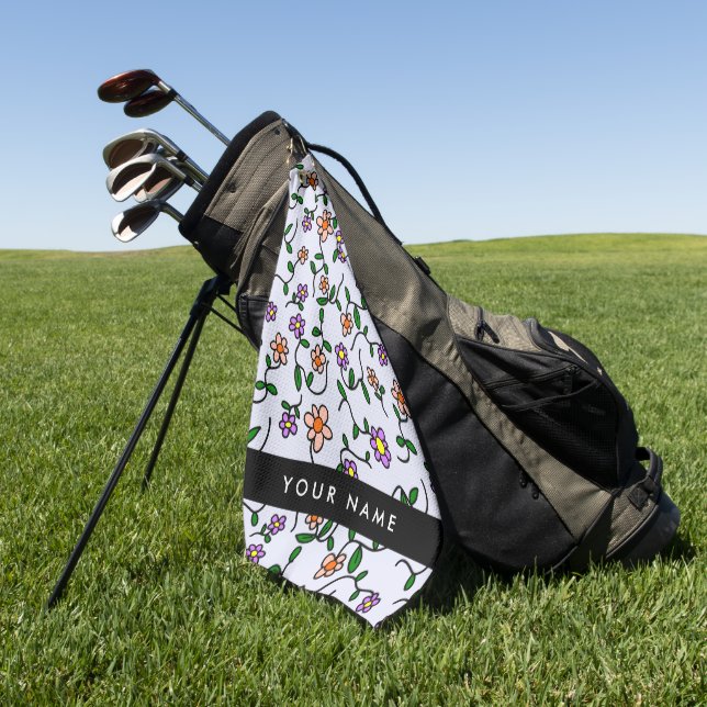 Colourful Flowers, Blue Background, Black Golf Towel (Green)
