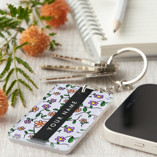 Colourful Flowers, Blue Background, Black Key Ring (Front Right)