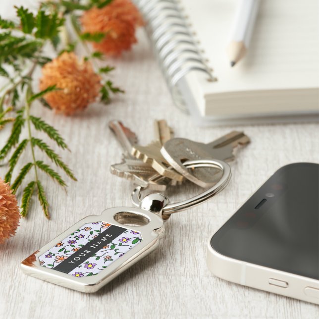 Colourful Flowers, Blue Background, Black Key Ring (Side)