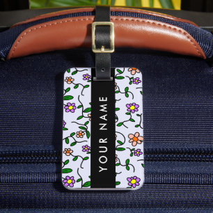 Colourful Flowers, Blue Background, Black Luggage Tag