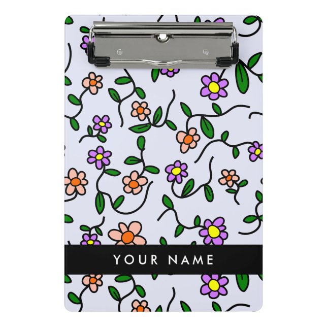 Colourful Flowers, Blue Background, Black Mini Clipboard (Front)