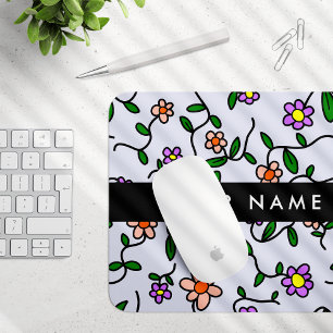 Colourful Flowers, Blue Background, Black Mouse Mat