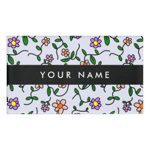 Colourful Flowers, Blue Background, Black Name Tag