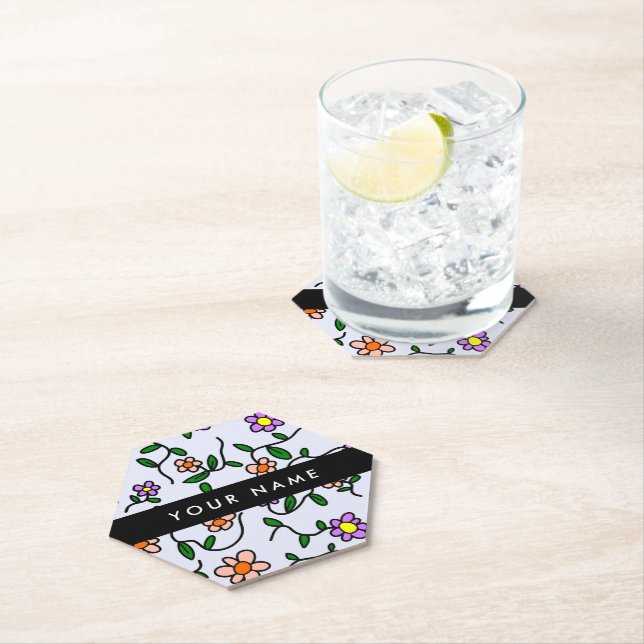 Colourful Flowers, Blue Background, Black Paper Coaster (Insitu)