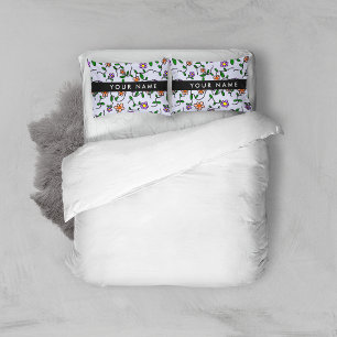 Colourful Flowers, Blue Background, Black Pillowcase