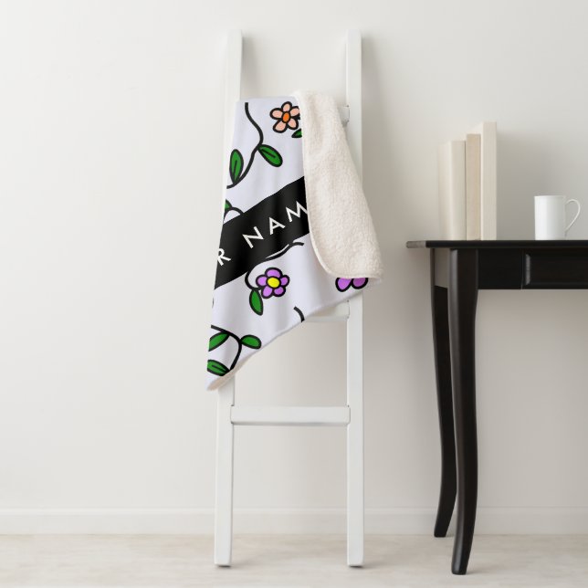 Colourful Flowers, Blue Background, Black Sherpa Blanket (In Situ)