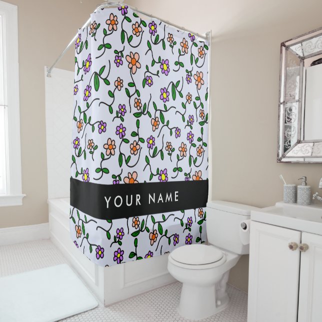 Colourful Flowers, Blue Background, Black Shower Curtain (In Situ)