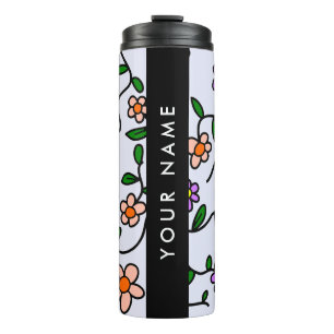 Colourful Flowers, Blue Background, Black Thermal Tumbler