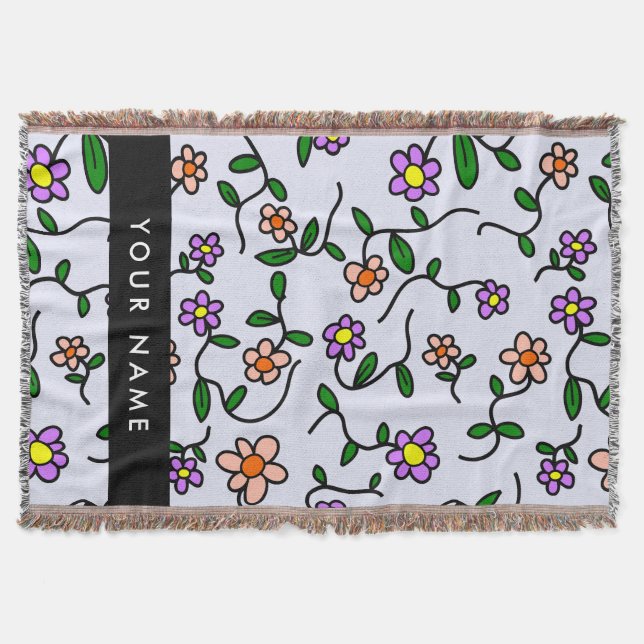 Colourful Flowers, Blue Background, Black Throw Blanket (Front)
