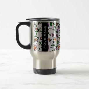 Colourful Flowers, Blue Background, Black Travel Mug