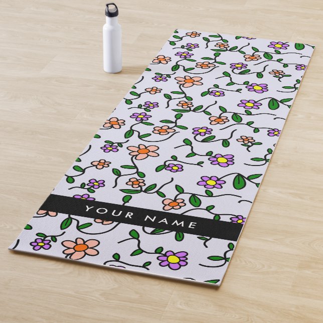 Colourful Flowers, Blue Background, Black Yoga Mat (In Situ)