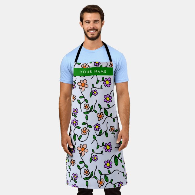 Colourful Flowers, Blue Background, Green Apron (Worn)