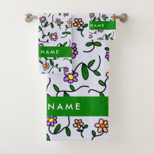Colourful Flowers, Blue Background, Green Bath Towel Set
